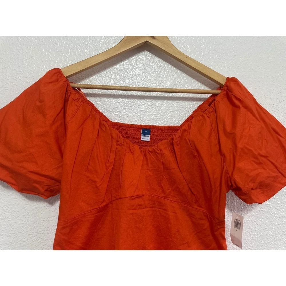 NWT Old Navy Womens Orange Puff Sleeve Smocked Back Square Neck Blouse Top Med